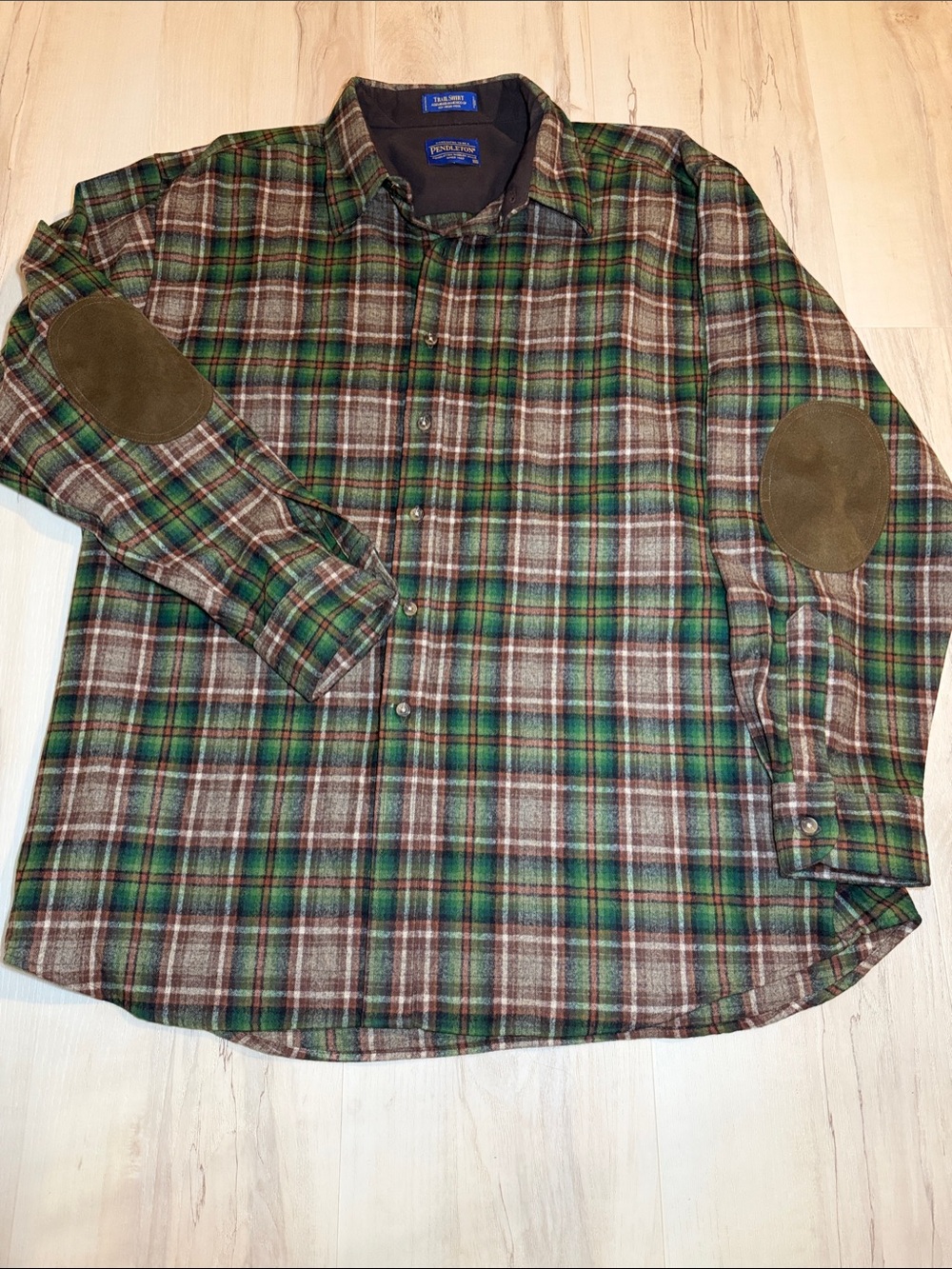 Vintage Pendleton Green and Brown Plaid Button-Down Shirt Elbow Patches XXL B4